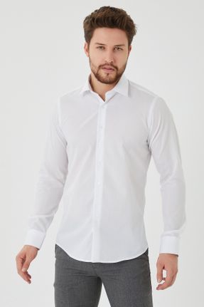 پیراهن سفید مردانه اسلیم فیت پنبه - پلی استر کد 77199296
