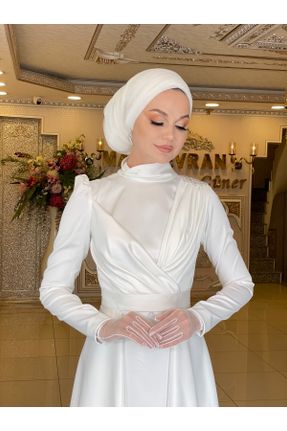 لباس مجلسی سفید زنانه یقه اسکی ساتن اسلیم آستر دار کد 371405330