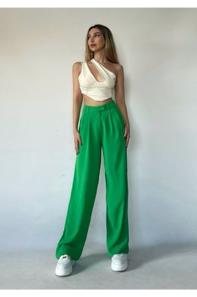 شلوار سبز زنانه پارچه ای پارچه پاچه راحت فاق بلند کد 244989999