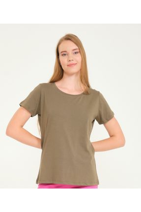 تی شرت خاکی زنانه ریلکس یقه گرد تکی بیسیک کد 372991608