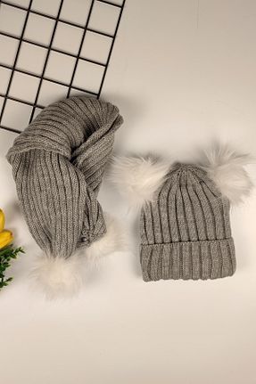 ست شال گردن و کلاه پشمی طوسی بچه گانه پنبه ای ADA BEBEK ÇOCUK - کد 376359730