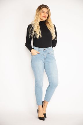 شلوار جین سایز بزرگ آبی زنانه پاچه تنگ فاق نرمال بلند کد 377079865