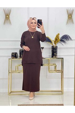 ست بالاتنه و پائین تنه حجاب قهوه ای زنانه رگولار MODAMÜNASİP - کد 377521062