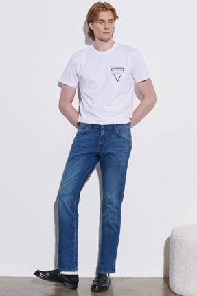شلوار جین آبی مردانه پاچه ساده فاق افتاده پنبه (نخی) ساده کد 379650264
