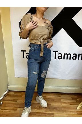شلوار جین سرمه ای زنانه پاچه پهن TarzımTamam - کد 379620268