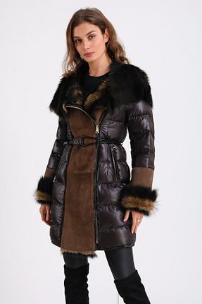 پالتو پشمی قهوه ای زنانه رگولار Leather Club - کد 386079386