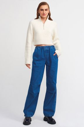شلوار جین آبی زنانه پاچه کش دار فاق بلند پنبه (نخی) کارگو جوان بلند کد 377982855