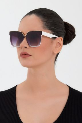 عینک آفتابی سفید زنانه 50 UV400 استخوان مات هندسی کد 387182977