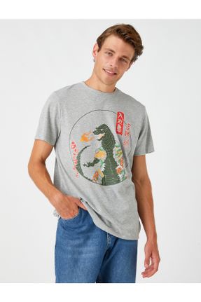 تی شرت طوسی مردانه رگولار یقه گرد تکی کد 411086634