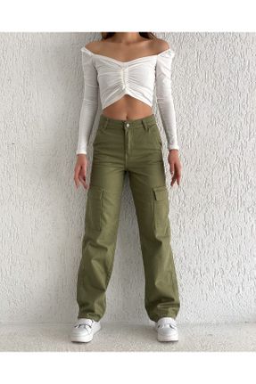 شلوار سبز زنانه پنبه (نخی) جین پاچه لوله ای فاق بلند کارگو کد 434741427