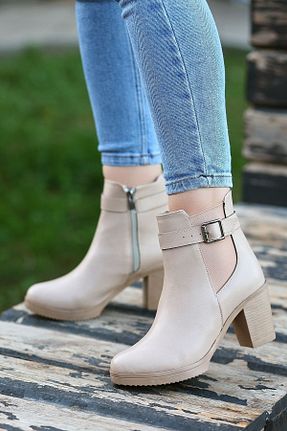 بوت / نیم بوت بژ زنانه چرم مصنوعی LEYDİ SHOES - کد 442802476