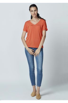 تی شرت نارنجی زنانه ریلکس یقه هفت مودال بیسیک کد 93080034