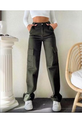 شلوار جین خاکی زنانه پاچه لوله ای فاق بلند کارگو کد 447263392