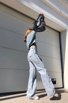 شلوار جین آبی زنانه پاچه گشاد فاق بلند جین جوان کد 456022041
