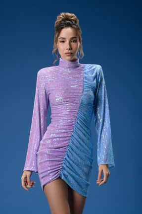 لباس بنفش زنانه بافت پولکی آستین-بلند پارتی کد 456194302