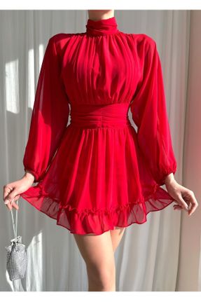 لباس قرمز زنانه بافتنی شیفون گلوژ آستین-بلند کد 456569100