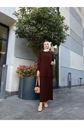 ست بالاتنه و پائین تنه حجاب قهوه ای زنانه رگولار MODAMÜNASİP - کد 463374410