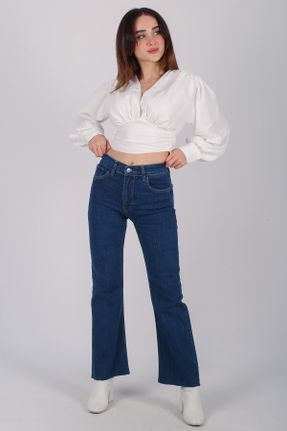 شلوار جین آبی زنانه پاچه گشاد فاق بلند کد 462770737