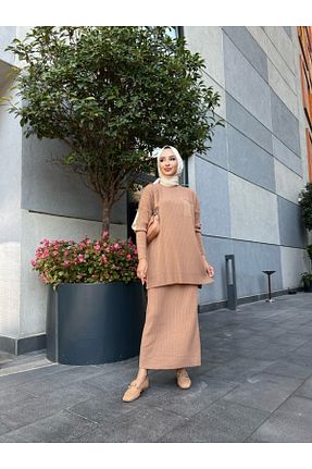 ست بالاتنه و پائین تنه حجاب قهوه ای زنانه رگولار MODAMÜNASİP - کد 463374365