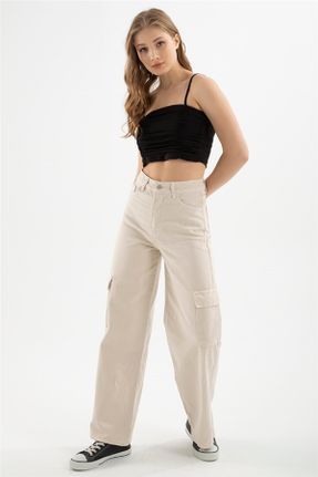 شلوار جین بژ زنانه پاچه راحت فاق بلند کارگو جوان کد 463928518