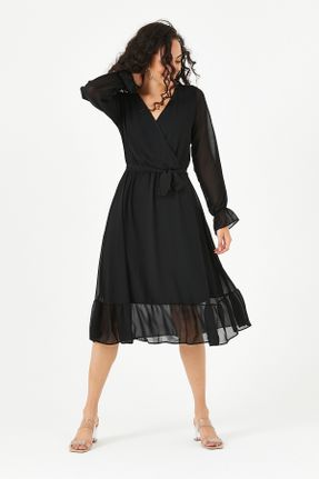 لباس مشکی زنانه بافتنی شیفون A-line آستین-بلند کد 130943251