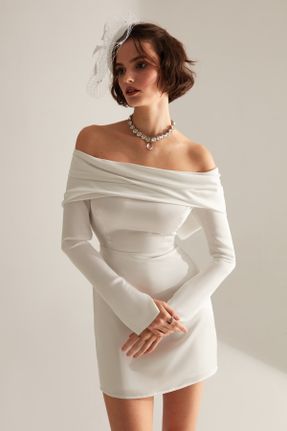 لباس مجلسی سفید زنانه بافت آستین استاندارد رگولار یقه کارمن آستر دار کد 467958822