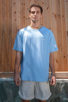 تی شرت آبی مردانه پنبه (نخی) یقه گرد اورسایز کد 117951793