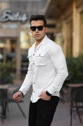 پیراهن سفید مردانه اسلیم فیت یقه پیراهنی بافت کد 469921162