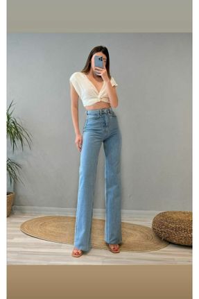 شلوار جین آبی زنانه پاچه گشاد فاق بلند جین ساده کد 470867463