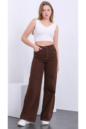 شلوار جین قهوه ای زنانه پاچه لوله ای فاق بلند جین کد 472157596