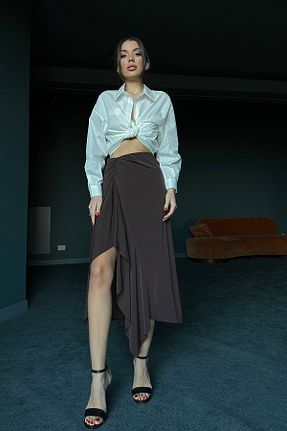 دامن قهوه ای زنانه مخلوط پلی استر Seda Yalçın Atelier - کد 472412107