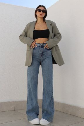 شلوار جین آبی زنانه پاچه گشاد فاق بلند جین جوان کد 472531620
