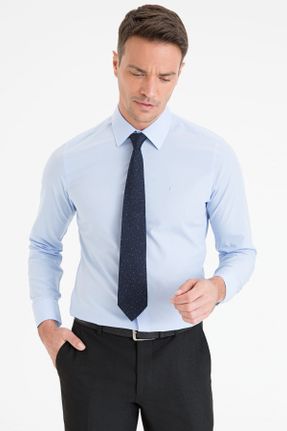پیراهن آبی مردانه اسلیم فیت یقه پیراهنی پنبه - پلی استر کد 58624017