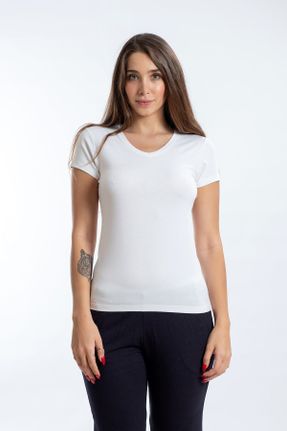 تی شرت سفید زنانه رگولار یقه هفت پنبه (نخی) کد 55428535