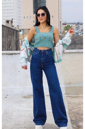 شلوار جین آبی زنانه پاچه گشاد فاق بلند جین جوان کد 474799461