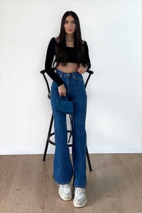 شلوار جین آبی زنانه پاچه گشاد فاق بلند جین جوان کد 474801841