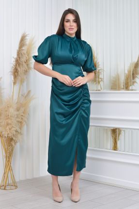 لباس مجلسی سبز زنانه ساتن سایز بزرگ یقه گرد کد 475284235