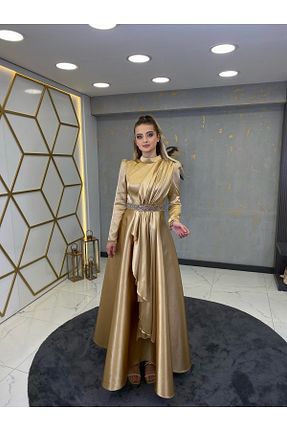 لباس مجلسی حجاب طلائی زنانه ساتن Genel Markalar - کد 476058074