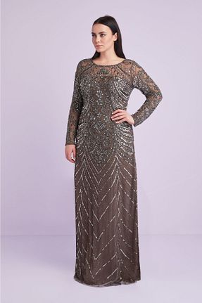 لباس مجلسی سایز بزرگ قهوه ای زنانه یقه دوچرخه Oleg Cassini - کد 513867862