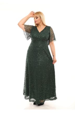 لباس مجلسی سایز بزرگ سبز زنانه یقه دوبل رگولار آستین کوتاه کد 44836586