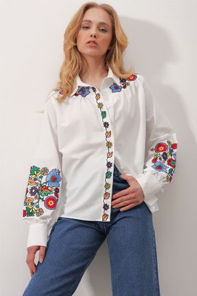 پیراهن سفید زنانه رگولار یقه پیراهنی پنبه - پلی استر کد 624121815
