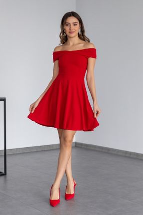 لباس مجلسی قرمز زنانه آستین استاندارد یقه کارمن کرپ رگولار بدون آستر کد 474118949