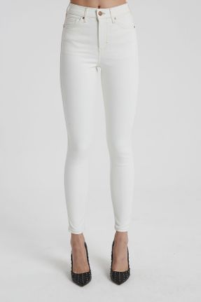 شلوار جین سفید زنانه پاچه تنگ فاق بلند پنبه - پلی استر - الاستن کد 72664796