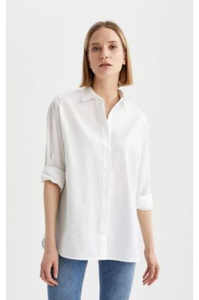 پیراهن سفید زنانه اورسایز یقه پیراهنی پنبه - پلی استر کد 636563061