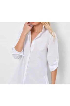 پیراهن سفید زنانه اورسایز یقه پیراهنی پنبه - پلی استر کد 636563061