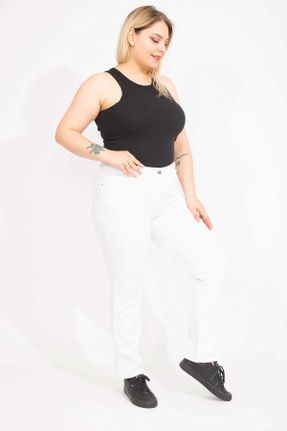 شلوار جین سایز بزرگ سفید زنانه پاچه لوله ای فاق نرمال بلند کد 638027066
