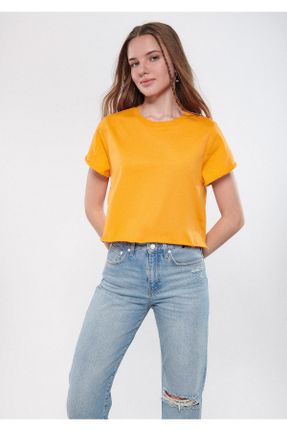 تی شرت نارنجی زنانه کراپ یقه گرد پنبه (نخی) تکی بیسیک کد 637748788