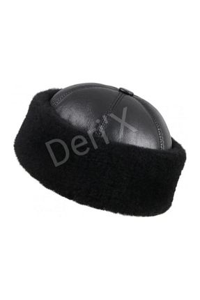 کلاه مشکی زنانه چرم خالص DERİHOME - کد 84875574