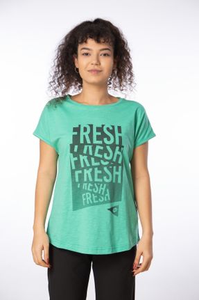 تی شرت سبز زنانه رگولار یقه گرد پنبه (نخی) تکی بیسیک کد 85637410