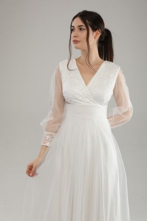 لباس مجلسی سفید زنانه تور اسلیم آستر دار کد 642301106